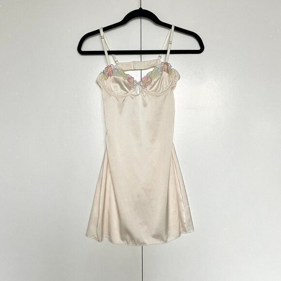 Cream satin silk lingerie backless slip dress floral lace trim bustier | Size S - Picture 2 of 8